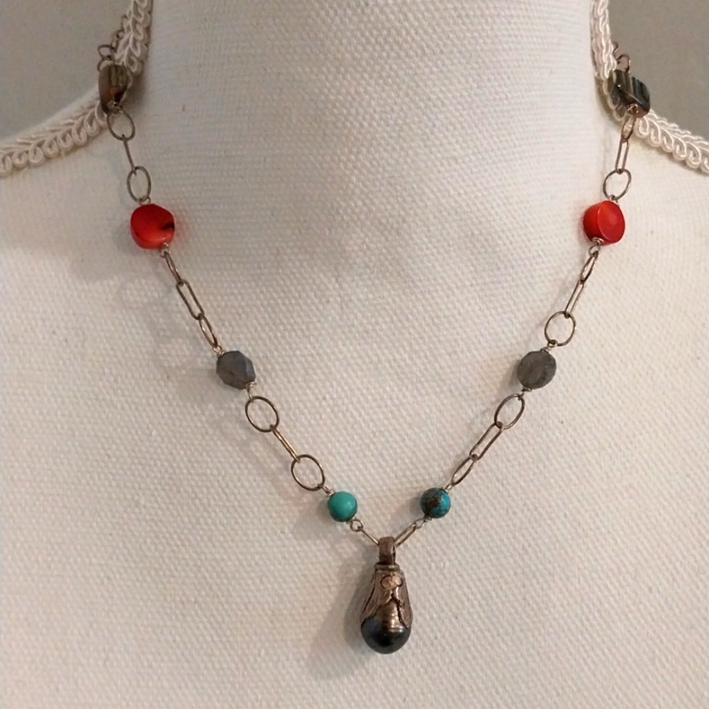 Beautiful artisan freshwater pearl laboradite MOP turquoise necklace earring set